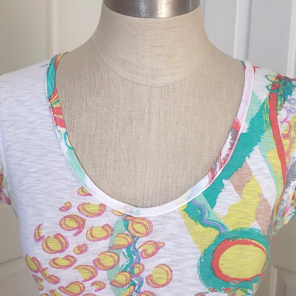Fresh Produce Colorful Abstract Cotton Scoop‑Neck Top White Yellow Aqua • SMALL - Picture 6 of 14